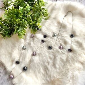 Long Silver Beaded Necklace and Earrings Set